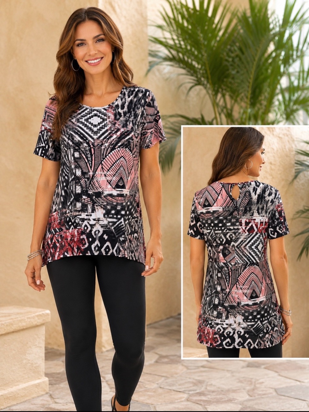 N Touch brand black, white and rose color print top